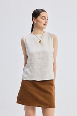 Boat Neck Top in Checkered Linen - Linen Check / 3XL