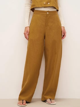 100% Linen Banana Cut Pants with Pockets EDELINE - Ochre / XXL