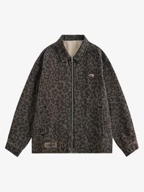 Vintage Washed Cheetah Denim Jacket - Coffee / 2XL