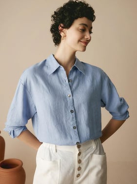 100% Linen Classic Leisure Shirt AZURE - Periwinkle / XXL