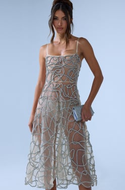 AKIRA Right This Way Rhinestone Midi Dress In Nude | Size 1X