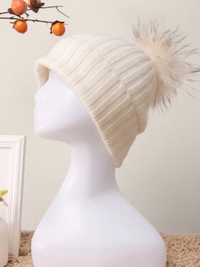100% Cashmere Rib-Knit Slouchy Beanie With Pom-Pom - White / One Size