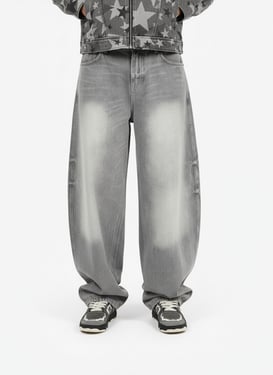 Retro Washed Distressed Curved Blade Wide-Leg Jeans - Light Grey / 2XL