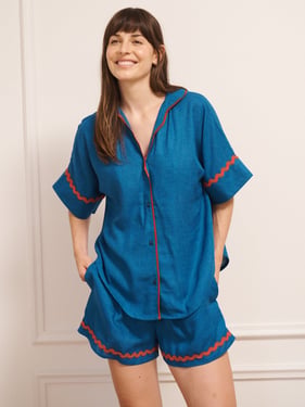 Womens Cobalt Blue With Contrast Ric Rac Trim Linen Blend Oversize Short Pyjama Set - 3XL / 22-24 / Blue