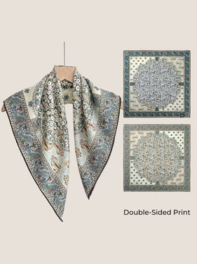 Wool Silk Printed Neck Square Scarf - Blue Persian Print / One Size