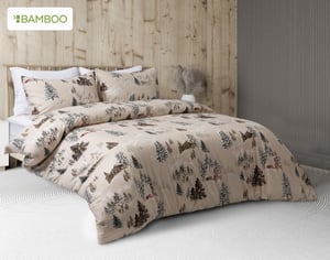 QE Home Bamboo Cotton Flannel Duvet Cover, Bamboo Cotton Set in Mountain Hut, Scenic, Beige, Queen