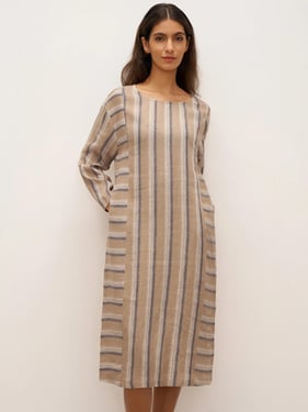 100% Linen Striped Crossweave Midi Dress ELSPETH - Brownie Stripe / XXL
