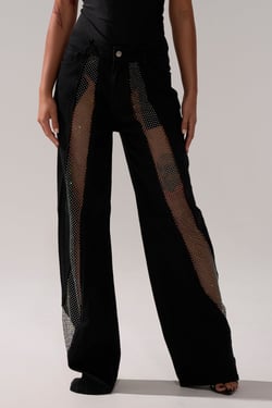 AKIRA Something Different Relaxed Denim With Rhinestone Mesh | Black | Size 1X