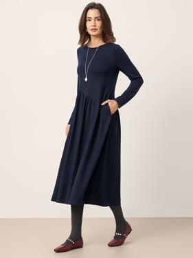 Wool Asymmetric Curved-Cut Maxi Dress CALLIE - Navy Blue / XXL