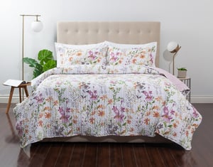 QE Home Meadow Recycled Polyester Coverlet Set, Floral, White, King