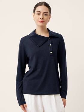 Wool Asymmetric Lapel Fruit Button Decor Top YSABEL - Navy Blue / XXL