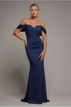 Goddiva Off The Shoulder Draped Sleeve Maxi Dress With Diamante Neckline - Navy Blue