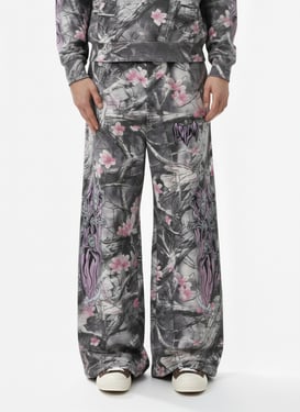 Gothic Devil Graphic Fleece-Lined Wide-Leg Sweatpants - Ash Powder / XL