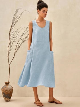 100% Linen Swing Beach Tank Dress GIANA - Powder Blue / XXXL