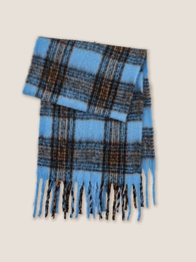 Plaid Fringed Scarf - Blue Check / One Size