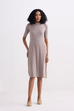 High Crew Neck Elbow Sleeves Fitted Dress in Dusty Brown - Autumn Maple / L