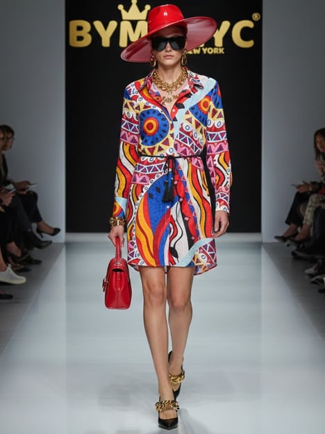 "Kaleidoscope" Geometric Print Mini Shirt Dress with Tassel Belt • BYMANYC ® New York