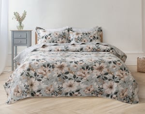 QE Home Ashland Cotton Quilt Set, Floral, Grey, King