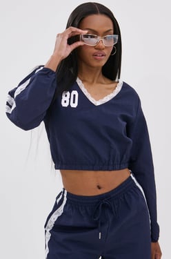 AKIRA Lace Trim Nylon Cropped Sweatshirt | Size XL