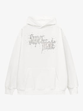 Rhinestone Distressed Letter Graphic Hoodie - White / 2XL