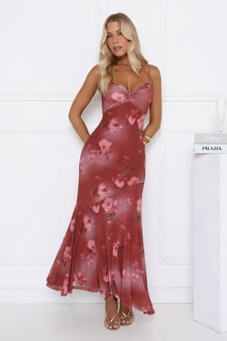 Rosé Horizon Mesh Maxi Dress Burgundy