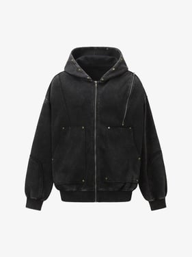 Street Washed Distressed Stitching Rivet Hooded Jacket - Black / M