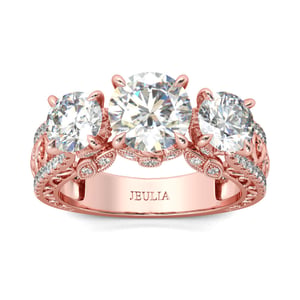 Jeulia Scrollwork Three Stone Round Cut Sterling Silver Ring