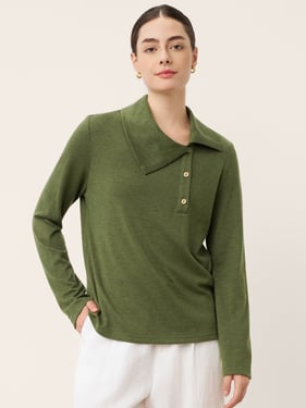 Wool Asymmetric Lapel Fruit Button Decor Top YSABEL - Olive / XXL