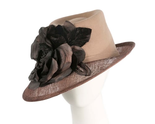 Exclusive coffee ladies winter fashion hat with flower by Cupids Millinery