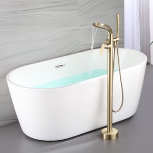 Brushed Gold Freestanding Tub Filler Faucet 360° Swivel Waterfall Spout Design with Hand Shower