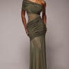 Goddiva Gathered One Shoulder Sheer Panel Maxi Dress - Khaki Green