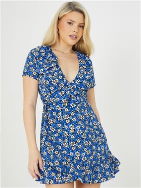 Brave Soul Floral Short Sleeve Mini Wrap Dress - Black / Blue / White - XS