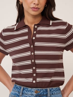 Brown Striped Knitted Polo Top