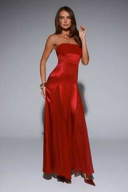 Statement Shine Strapless Satin Maxi Dress Red