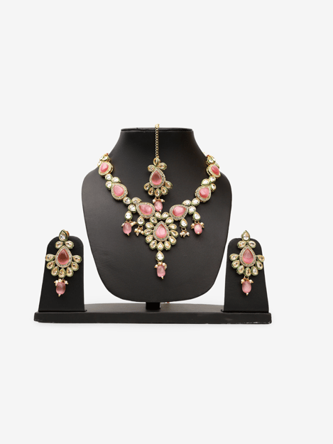 Polki and Pink Monalisa Stone Necklace with Earrings & Mang Tkka