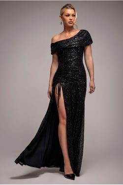 Goddiva Off The Shoulder Sequin Cowl Drawstring Maxi Dress - Black
