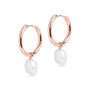 Large Hoop and Baroque Pearl Charm Rose Gold Earring Set