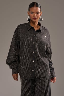 AKIRA Bling Denim Button Down Top | Black | Size 1X/2X