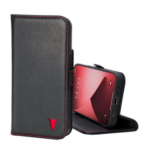 iPhone 14 Plus Leather Case (with stand function) - Black with Red Detail