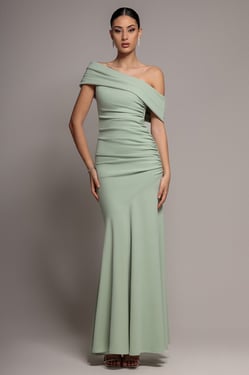 Goddiva Pleated One Shoulder Bardot Fit And Flare Maxi Dress - Sage Green