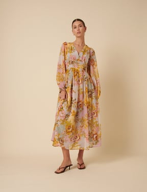 Yellow And Blue Floral Aine Midi Dress