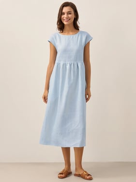 100% Linen Cap Sleeve Washed Maxi Dress JOAN - Baby Blue / XXXL