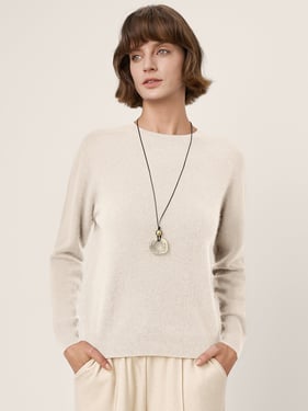 Premium Cashmere Blend Hand-Finished Seamless Crew Neck Ribbed Trim Knit Top WANDA - Optic White / XXL