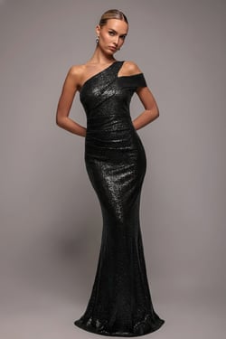 Goddiva One Shoulder Sequin Evening Maxi - Black