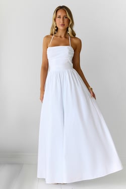 Feathered Snow Halter Maxi Dress White