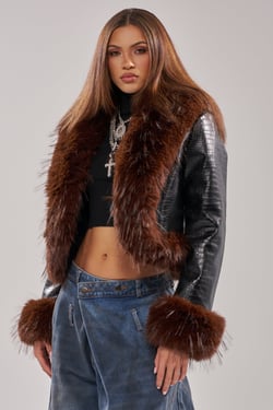 AKIRA Lunna Fur Trim Moto Jacket Croc | Black | Size 1X