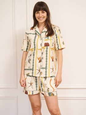 Womens Cotton Shortie Pyjamas Natural Sea Life Tile - 3XL / 22-24 / Natural