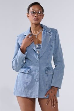 AKIRA Backless Denim Blazer | Light Blue | Size XL