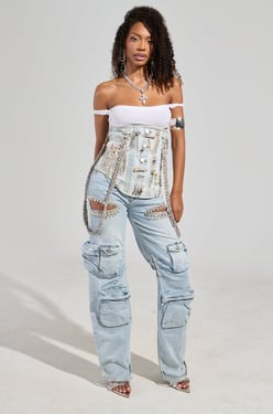 AKIRA Calling The Shots Cargo Pants Denim With Rhinestones | Light Blue | Size Large