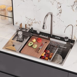32" Black Drop-in Workstation Kitchen Sink with Faucet Single Bowl Stainless Steel